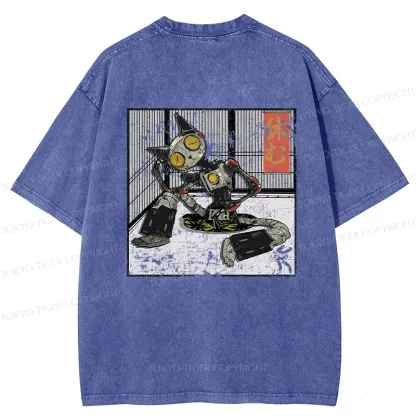 Tokyo-Tiger Robot Cat Taking A Rest Back Washed T-Shirt