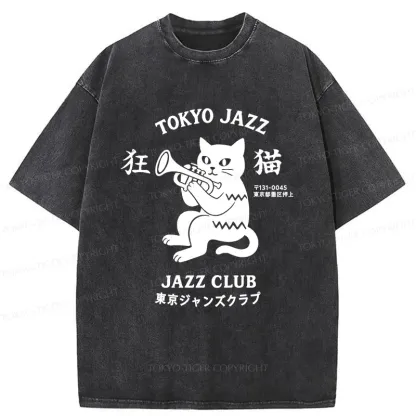 Tokyo-Tiger Cat Blowing Trumpet Washed T-Shirt