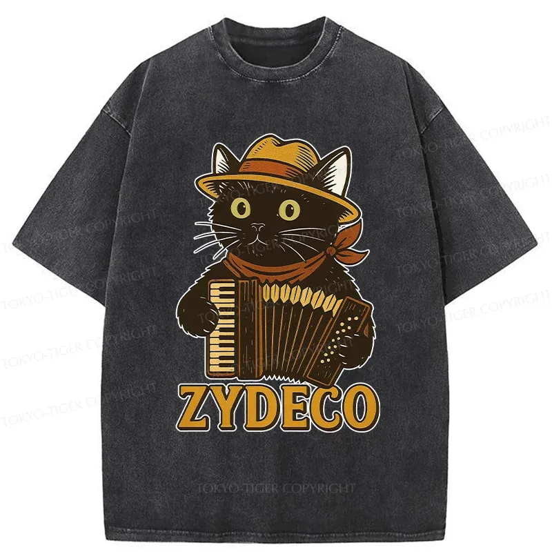 Tokyo-Tiger Cat Playing Accordion Washed T-Shirt