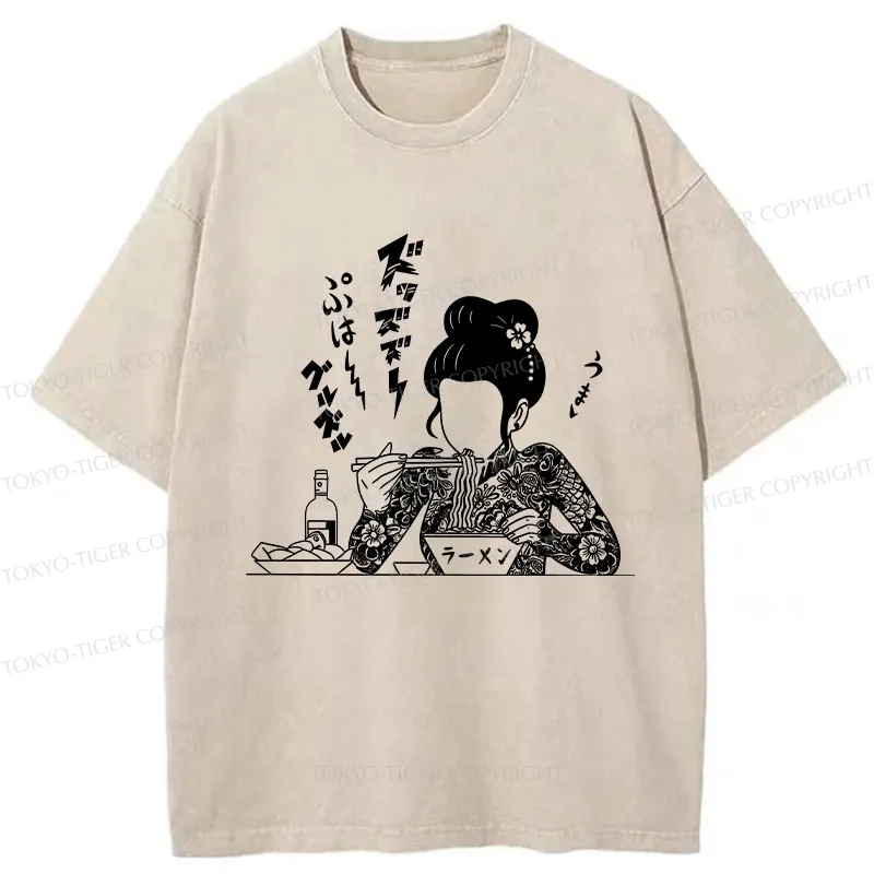 Tokyo-Tiger Japanese Beauty Eating Ramen Washed T-Shirt