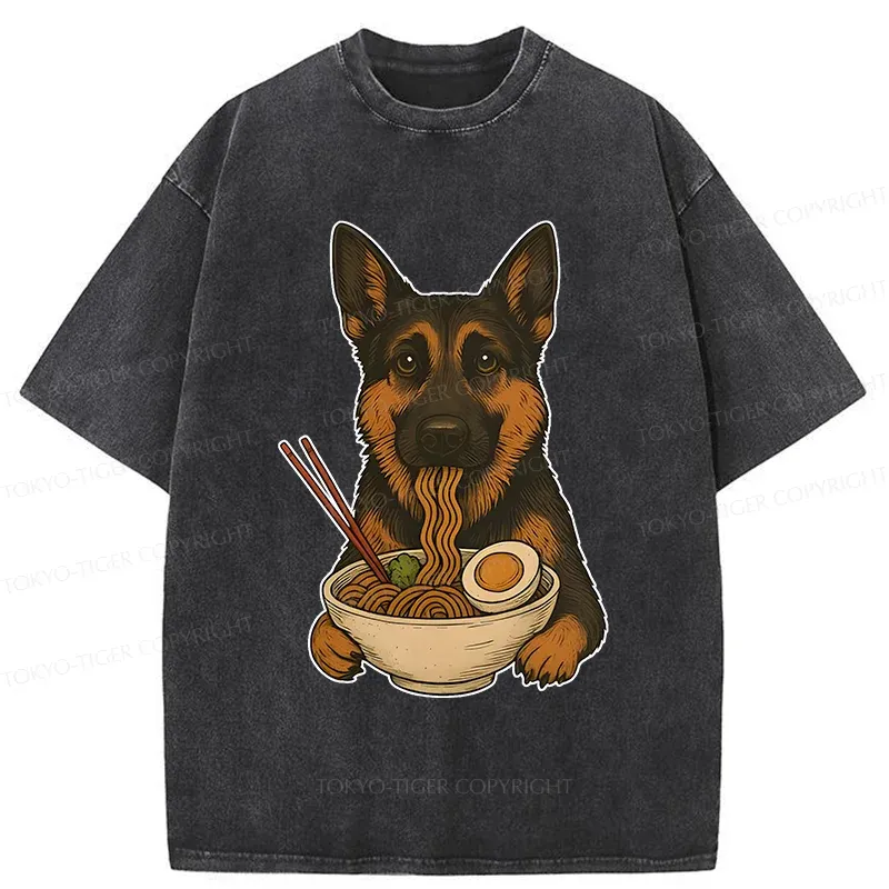 Tokyo-Tiger German Shepherd Eating Ramen Washed T-Shirt
