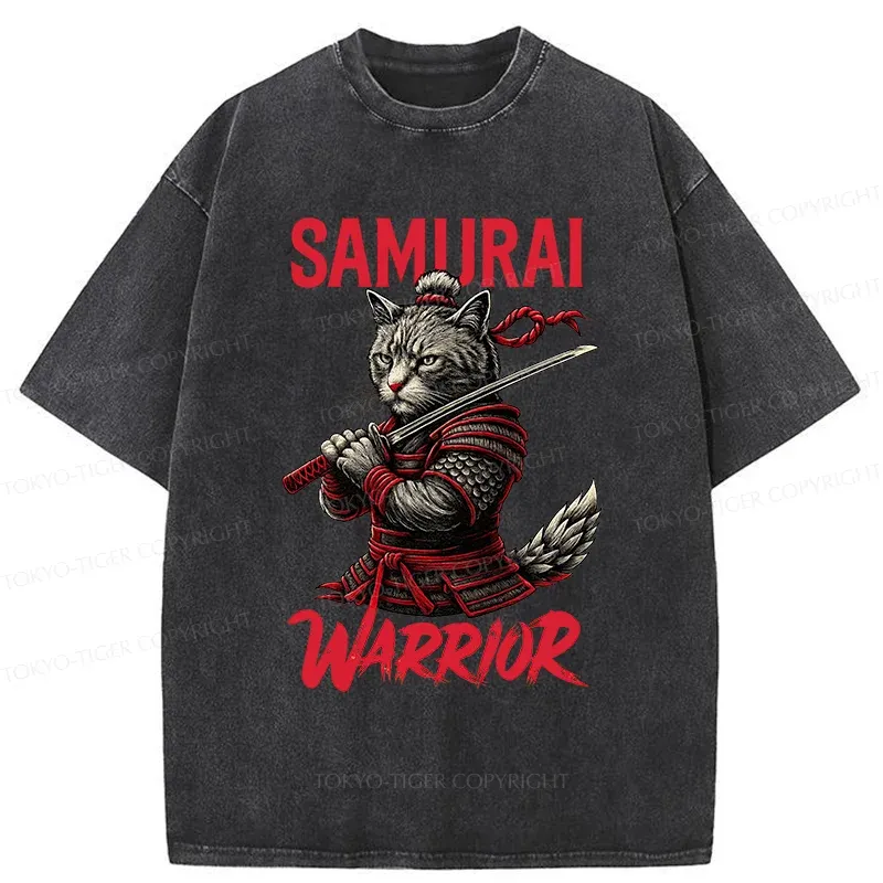 Tokyo-Tiger Fierce Cat Samurai Washed T-Shirt