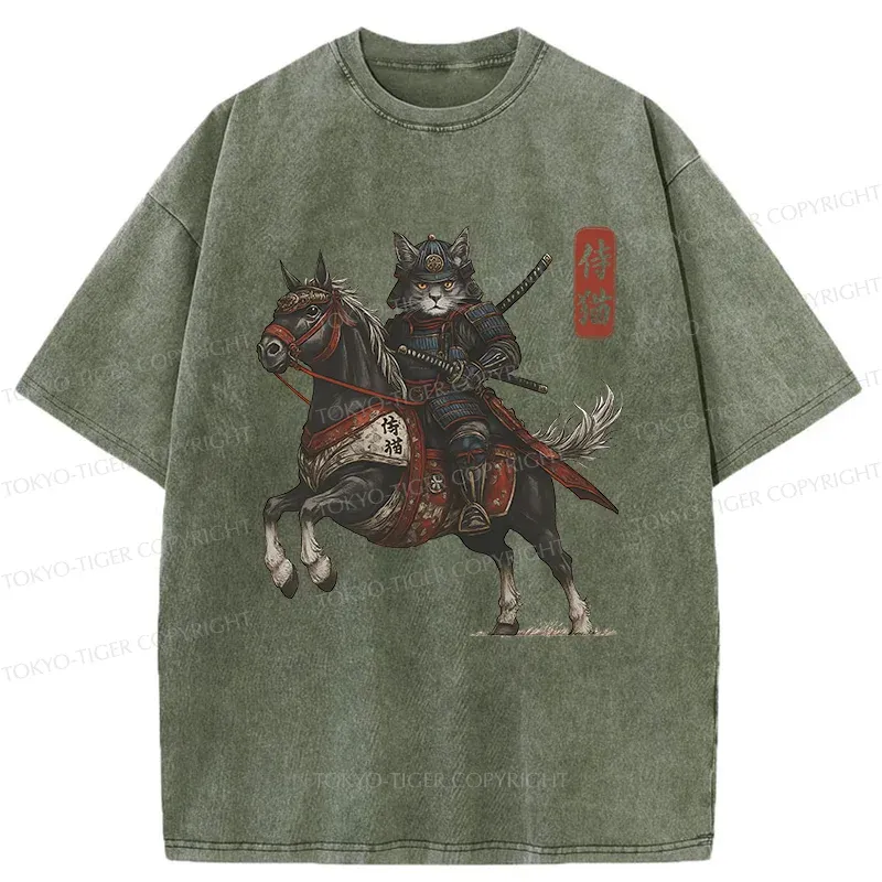 Tokyo-Tiger Cat Samurai Riding A Horse Washed T-Shirt