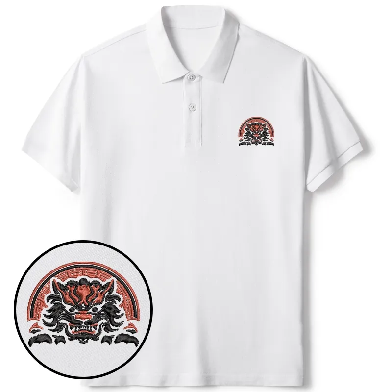 Tokyo-Tiger Japanese Komainu Embroidered Polo T-Shirt