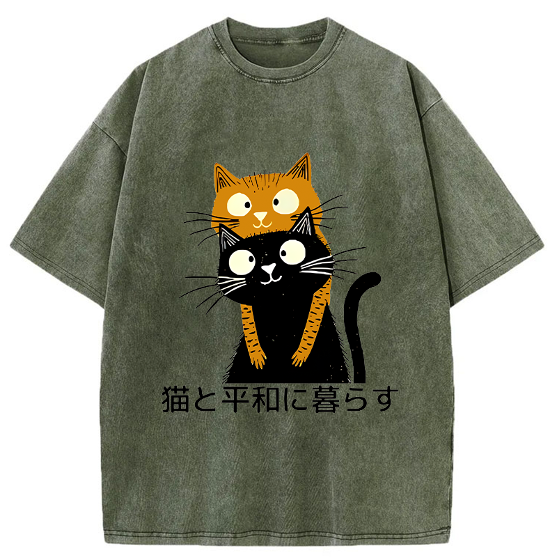 Tokyo-Tiger Live Peacefully With Cats Washed T-Shirt