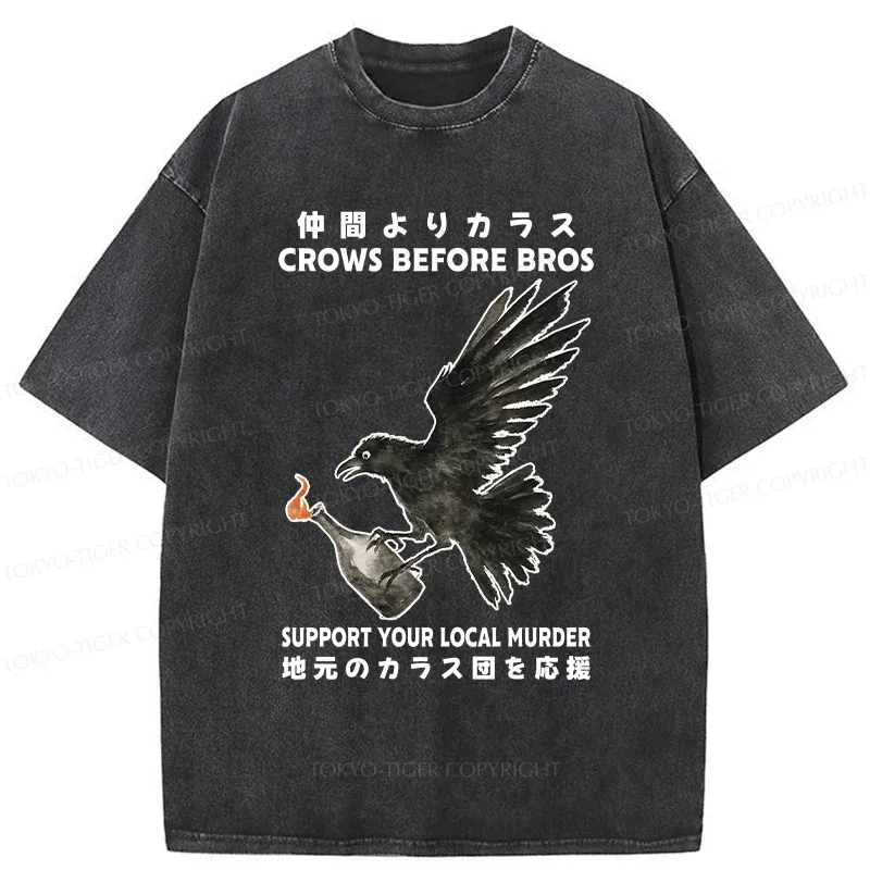 Tokyo-Tiger Crow Holding A Fire Bottle Washed T-Shirt