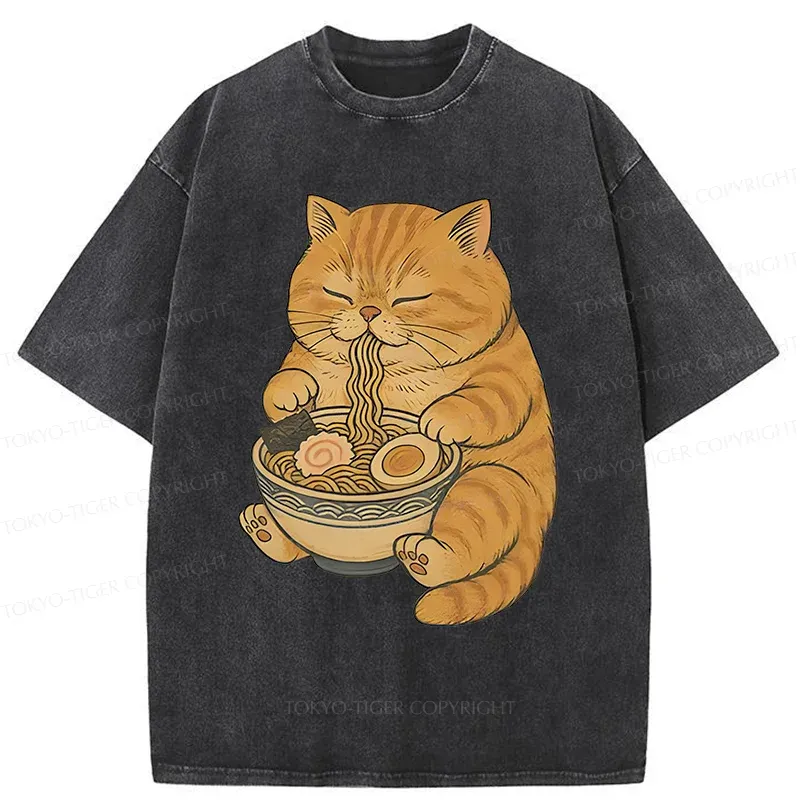 Tokyo-Tiger Orange Cat Eating Ramen Washed T-Shirt