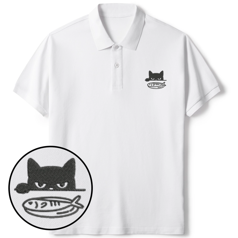 Tokyo-Tiger Cat Staring At Fish Embroidered Polo T-Shirt