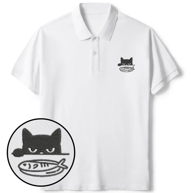Tokyo-Tiger Cat Staring At Fish Embroidered Polo T-Shirt