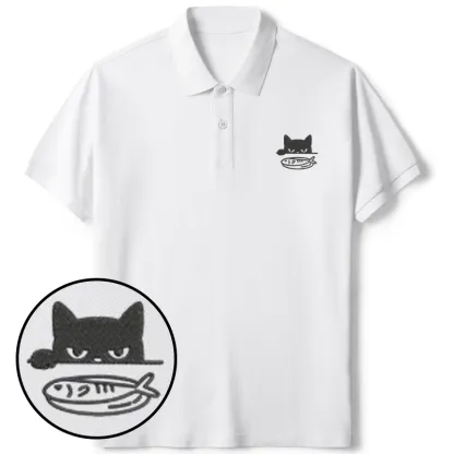 Tokyo-Tiger Cat Staring At Fish Embroidered Polo T-Shirt