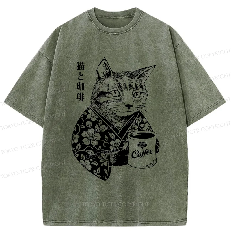 Tokyo-Tiger Cat And Coffee Washed T-Shirt