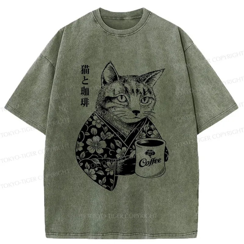 Tokyo-Tiger Cat And Coffee Washed T-Shirt