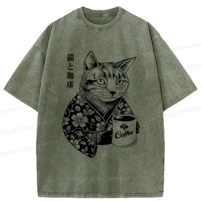 Tokyo-Tiger Cat And Coffee Washed T-Shirt