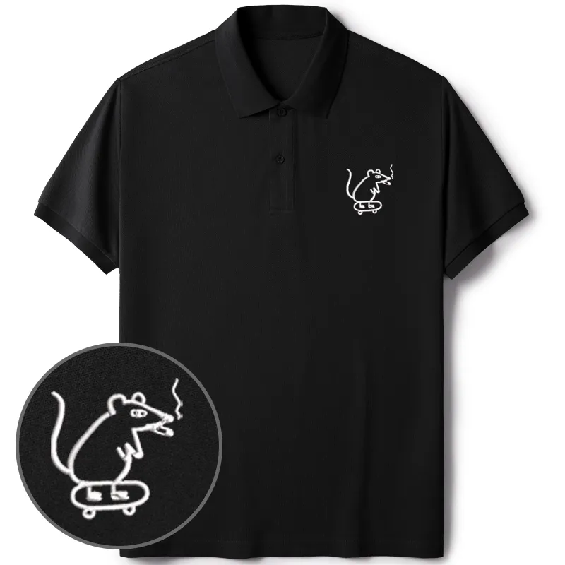 Tokyo-Tiger Funny Mouse On Skateboard Embroidered Polo T-Shirt