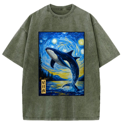 Tokyo-Tiger Whale Under The Starry Night Washed T-Shirt