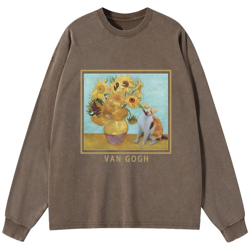 Tokyo-Tiger Naughty Cat Biting Sunflower Washed Long Sleeve T-Shirt