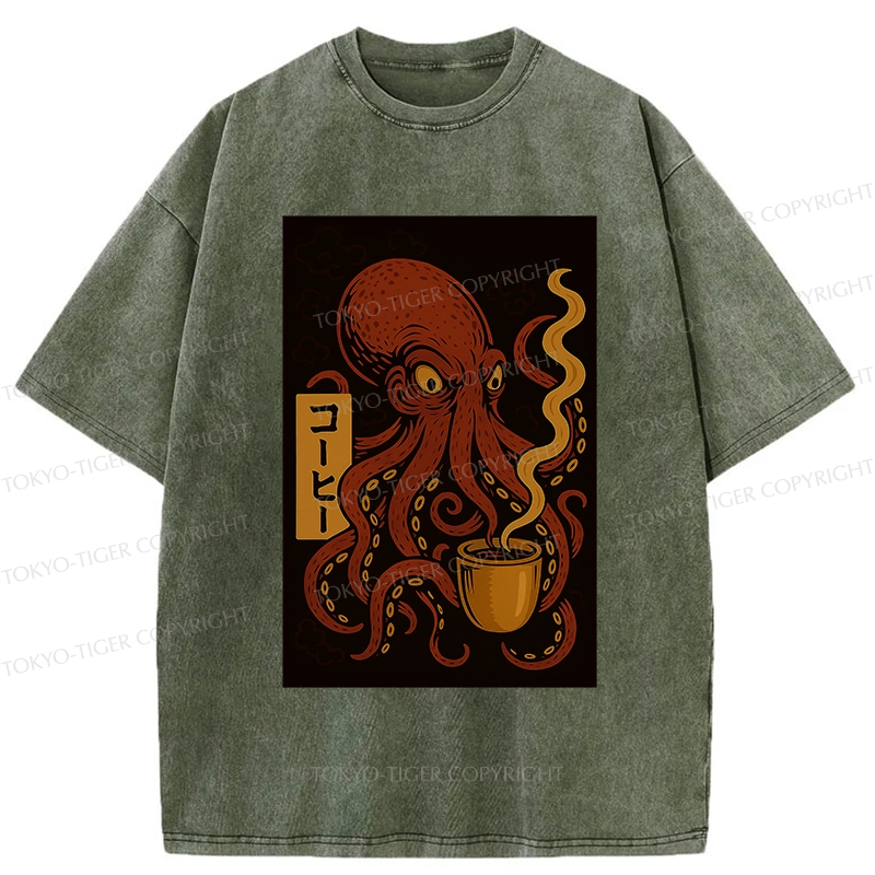 Tokyo-Tiger Octopus Drinking Coffee Washed T-Shirt