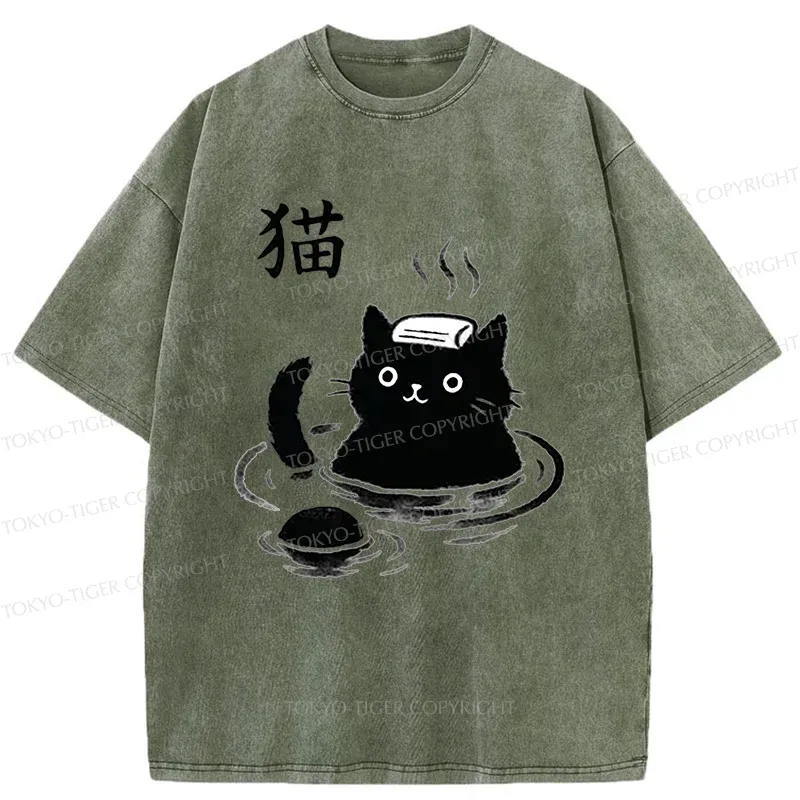 Tokyo-Tiger Cat Bathing In Hot Spring Washed T-Shirt