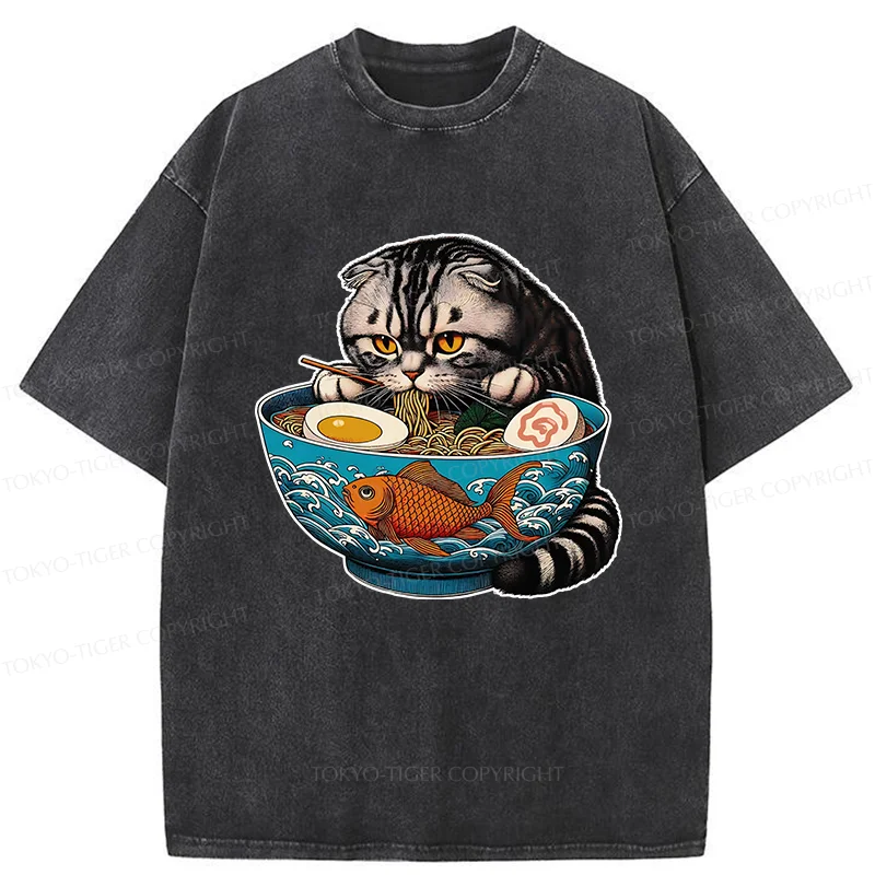 Tokyo-Tiger American Shorthair Cat Eating Ramen Washed T-Shirt