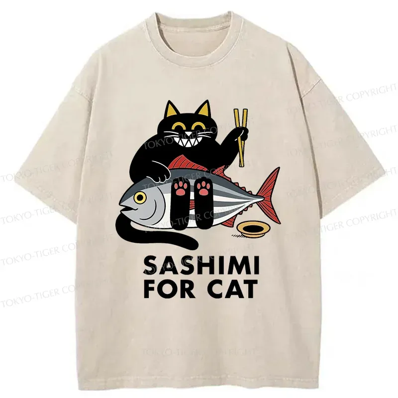 Tokyo-Tiger Black Cat Eating Sashimi Washed T-Shirt
