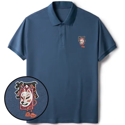 Tokyo-Tiger Japanese Fox Mask Embroidered Polo T-Shirt