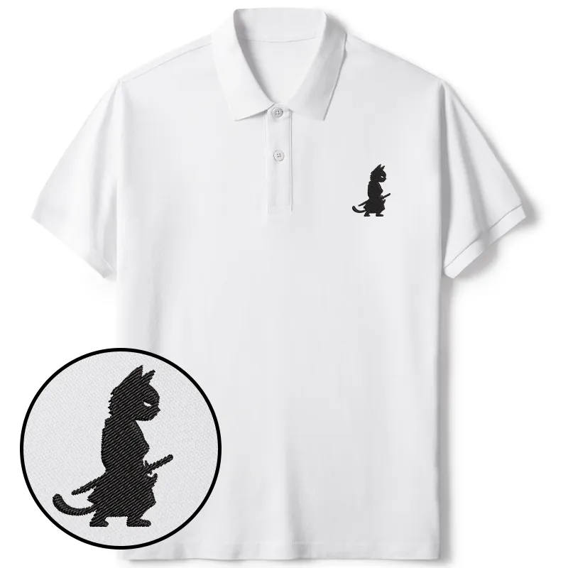 Tokyo-Tiger Japanese Samurai Cat Embroidered Polo T-Shirt