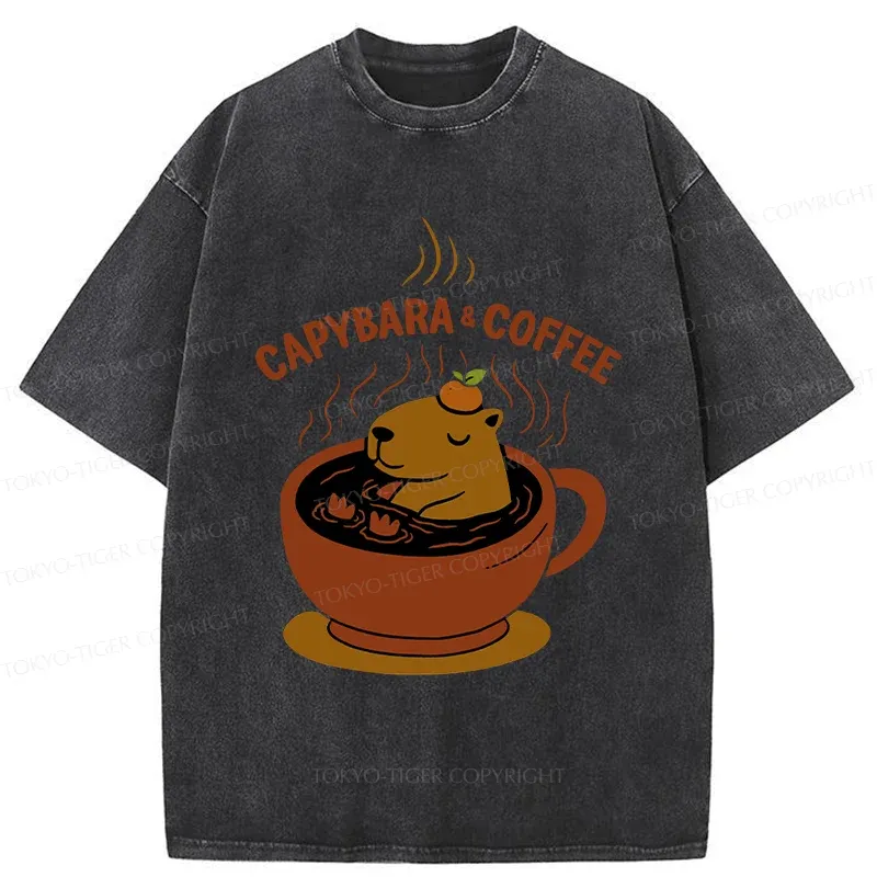 Tokyo-Tiger Capybara Coffee Funny Washed T-Shirt