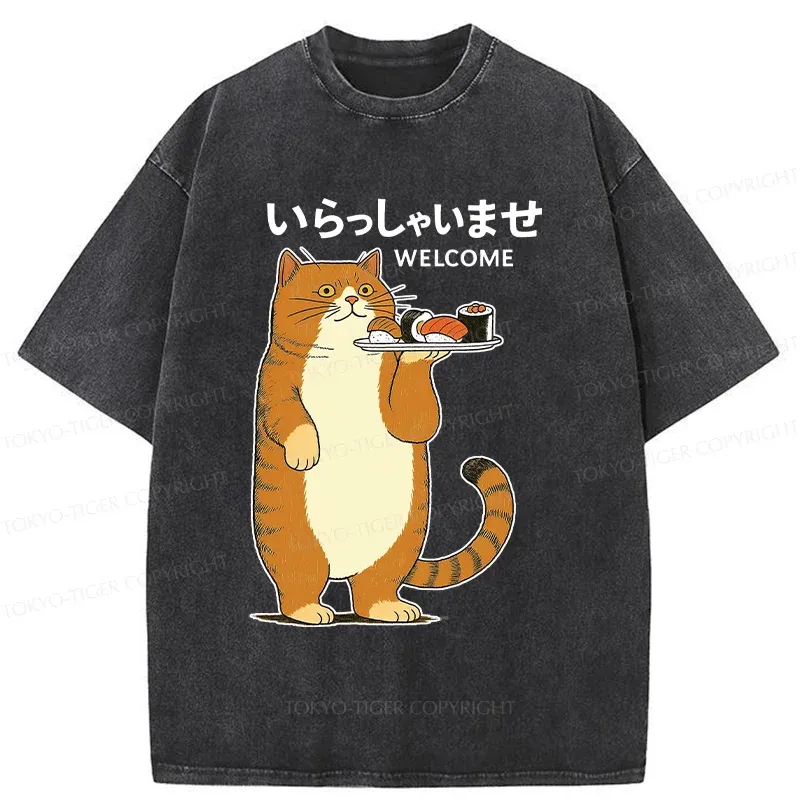 Tokyo-Tiger Cat Waiter Washed T-Shirt