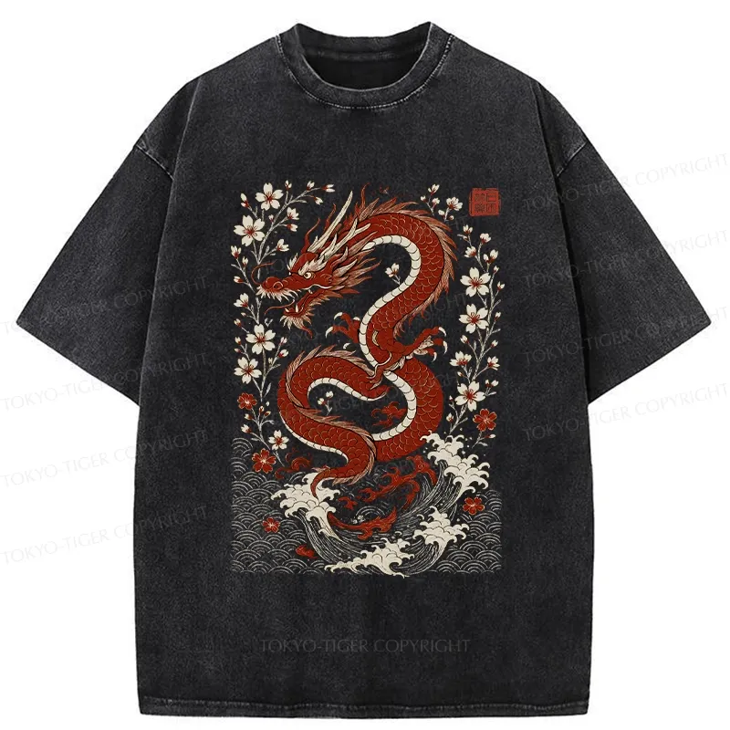 Tokyo-Tiger Retro Dragon And Sakura Washed T-Shirt