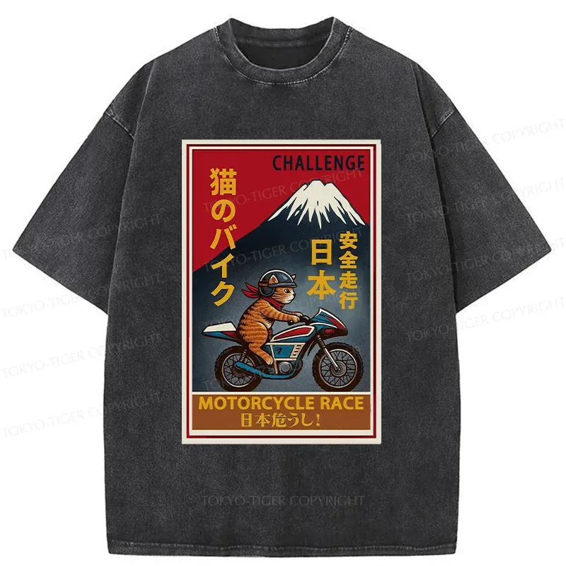 Tokyo-Tiger Cat Riding A Motorcycle Washed T-Shirt