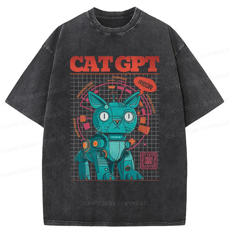 Tokyo-Tiger Machine Cat Retro Washed T-Shirt