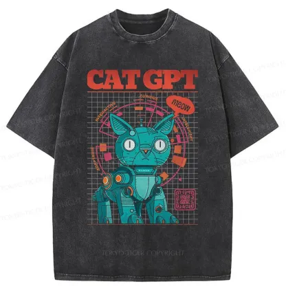 Tokyo-Tiger Machine Cat Retro Washed T-Shirt