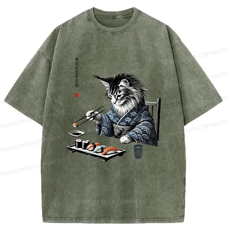 Tokyo-Tiger Cat Eating Sushi Japan Washed T-Shirt