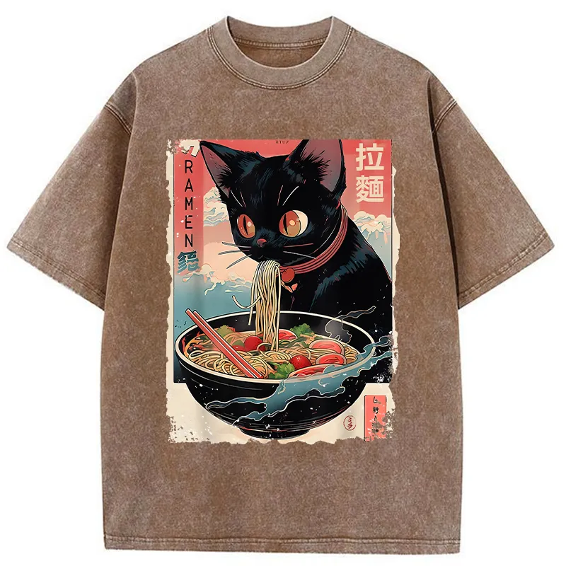 Tokyo-Tiger Black Cat Eating Ramen Japanese Washed T-Shirt