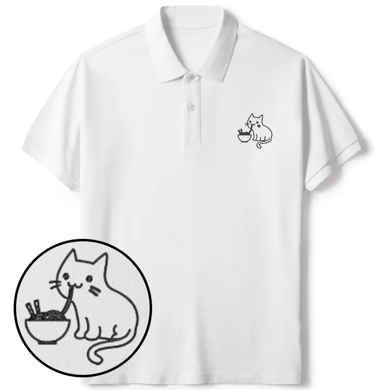 Tokyo-Tiger Ramen Lover Kawaii Cat Embroidered Polo T-Shirt