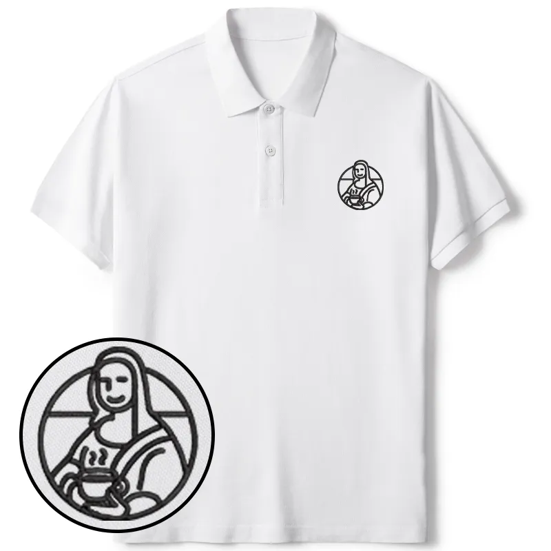 Tokyo-Tiger Mona Lisa Drinking Coffee Embroidered Polo T-Shirt