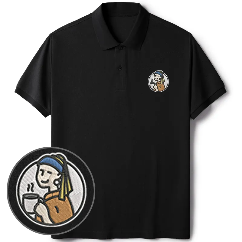 Tokyo-Tiger Girl With Pearl Earrings Drinks Coffee Embroidered Polo T-Shirt