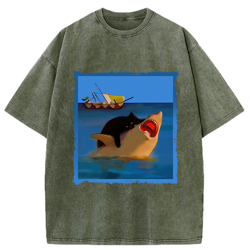 Tokyo-Tiger Black Cat With Shark Washed T-Shirt