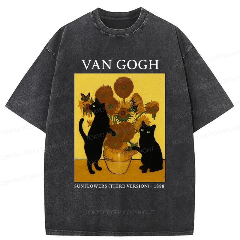 Tokyo-Tiger Sunflower And Cat Washed T-Shirt