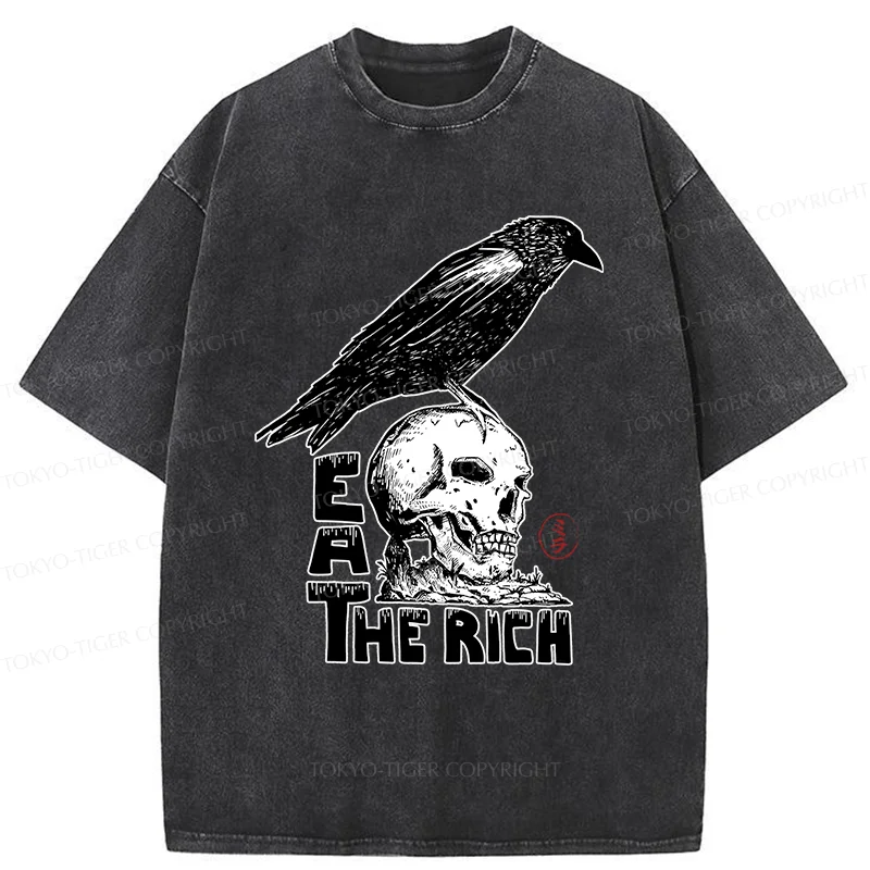 Tokyo-Tiger Crow Standing On Skull Washed T-Shirt