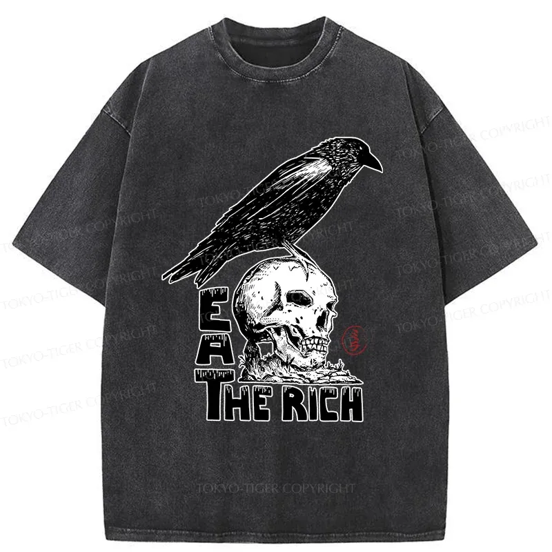 Tokyo-Tiger Crow Standing On Skull Washed T-Shirt