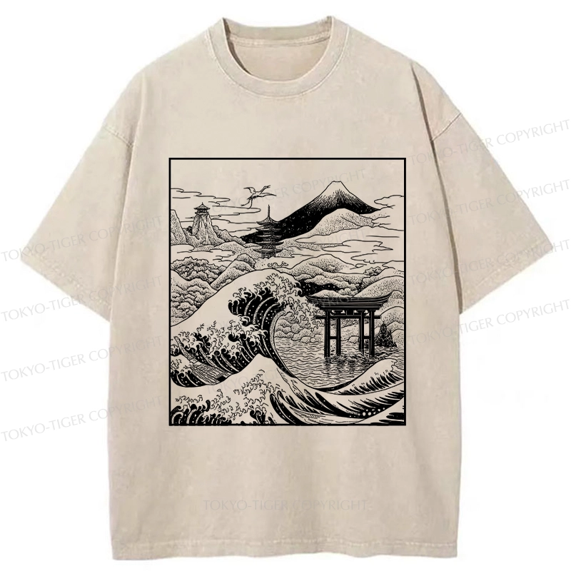 Tokyo-Tiger Retro Japanese landscape Washed T-Shirt