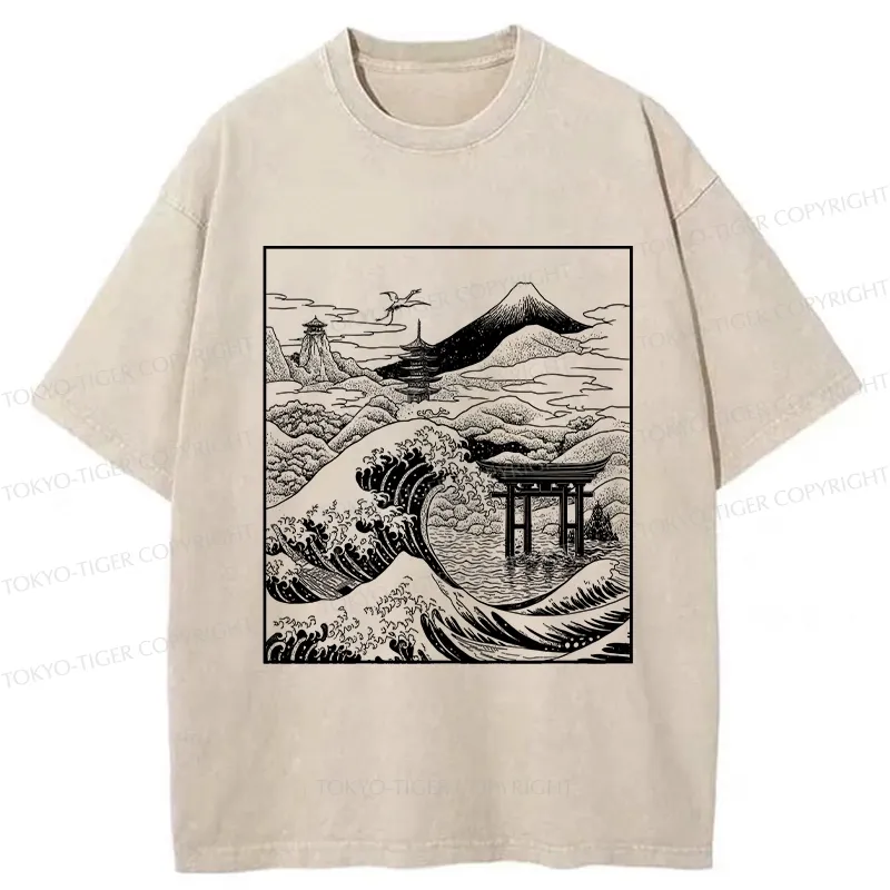 Tokyo-Tiger Retro Japanese landscape Washed T-Shirt