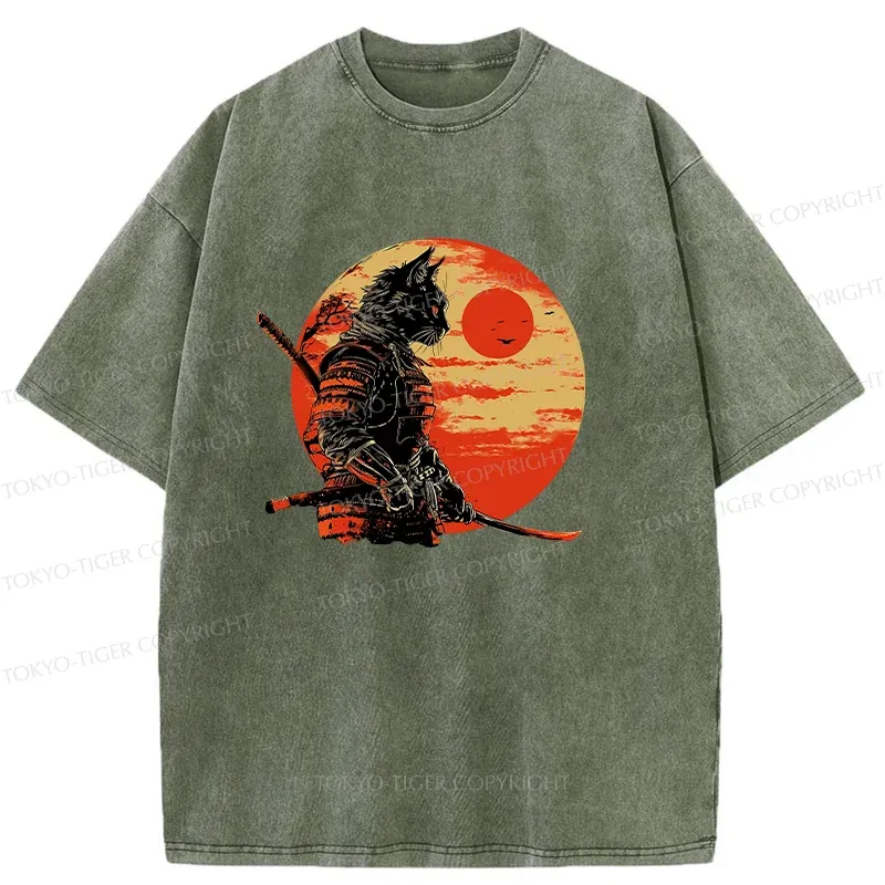 Tokyo-Tiger Cat Samurai And Sunset Washed T-Shirt