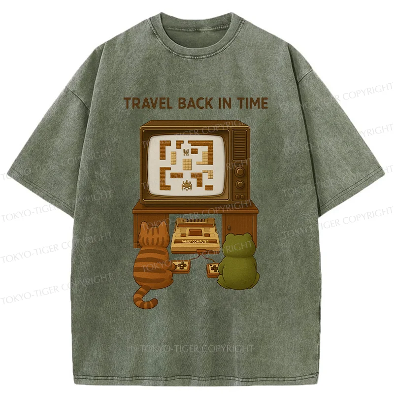 Tokyo-Tiger Cat And Frog Playing Games Washed T-Shirt