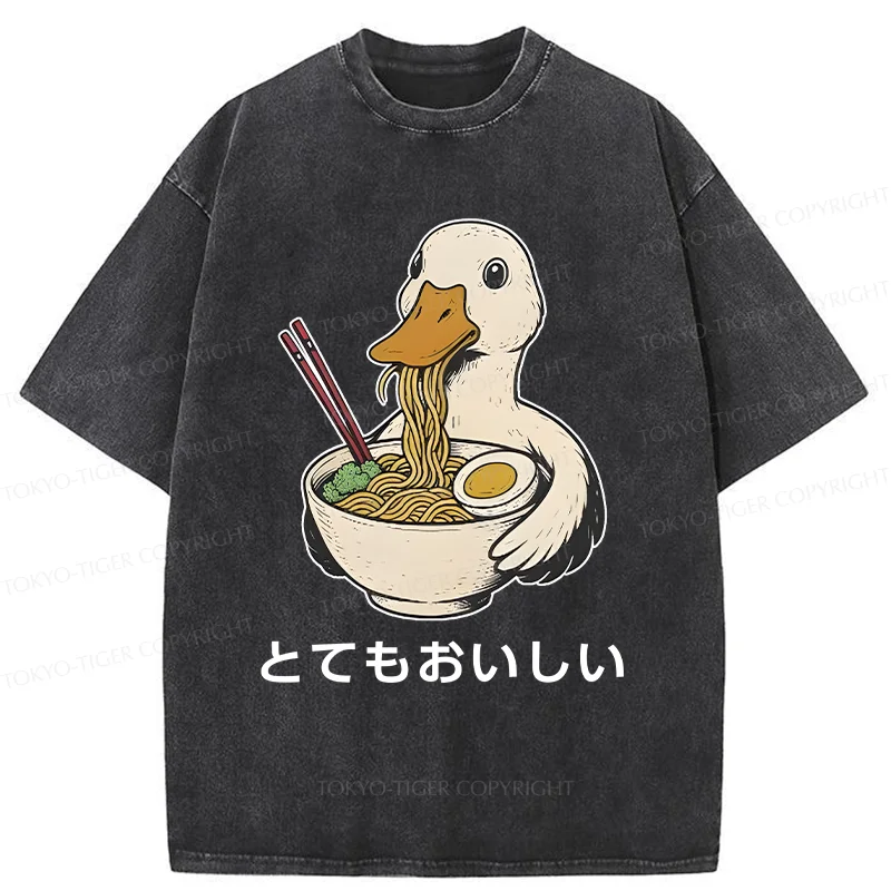 Tokyo-Tiger Goose Eating Delicious Ramen Washed T-Shirt