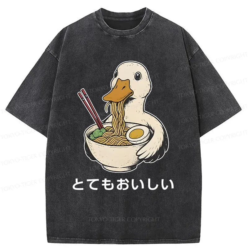 Tokyo-Tiger Goose Eating Delicious Ramen Washed T-Shirt