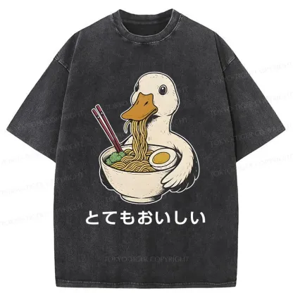 Tokyo-Tiger Goose Eating Delicious Ramen Washed T-Shirt