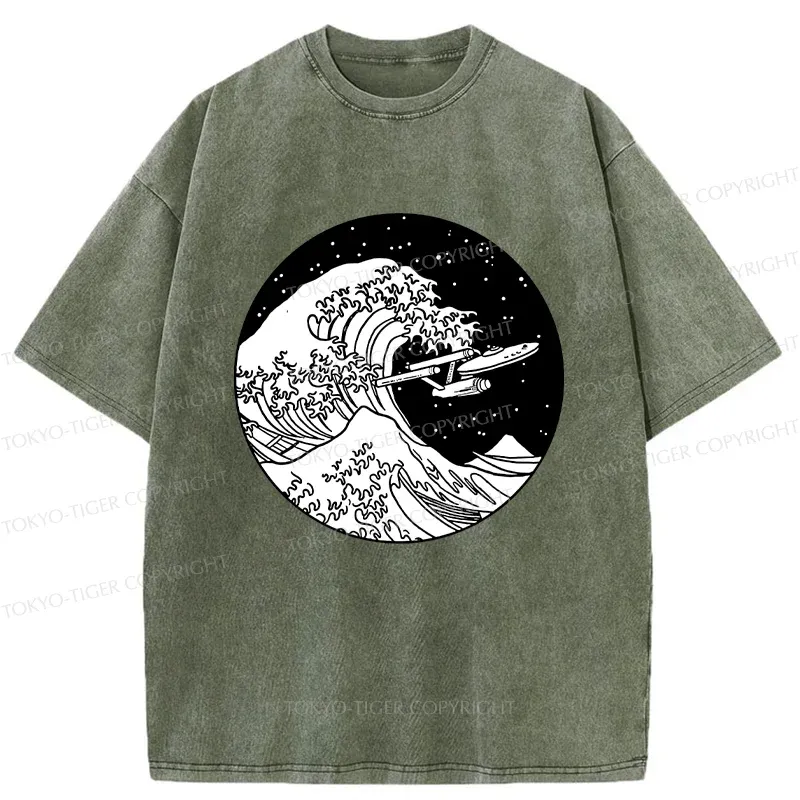 Tokyo-Tiger Waves and Spaceship Washed T-Shirt