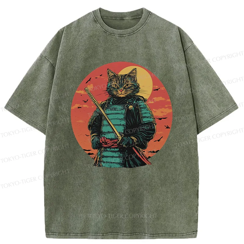 Tokyo-Tiger Handsome Cat Samurai Washed T-Shirt